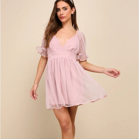Lulus Sweetly Charming Blush Pink Mesh Surplice Puff Sleeve Mini Dress - Picture 1 of 11